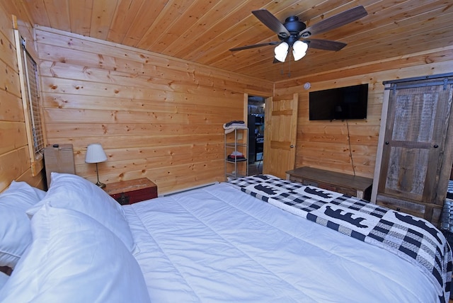 bedroom with wood walls, wooden ceiling, and ceiling fan