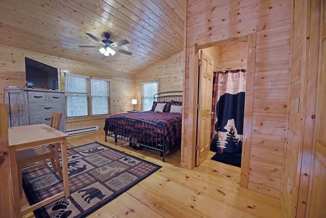 bedroom with a baseboard heating unit, wood-type flooring, wood walls, lofted ceiling, and wood ceiling