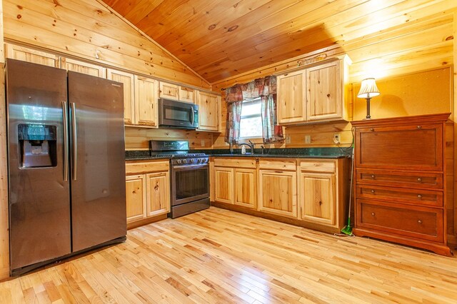 kitchen with vaulted ceiling, light hardwood / wood-style flooring, wood ceiling, stainless steel appliances, and sink