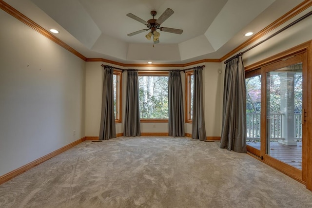 spare room with ornamental molding, light carpet, and a tray ceiling