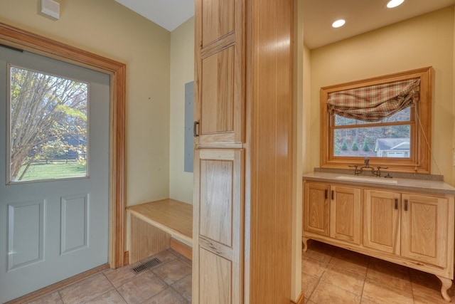 interior space with a healthy amount of sunlight, light tile patterned floors, sink, and light brown cabinetry