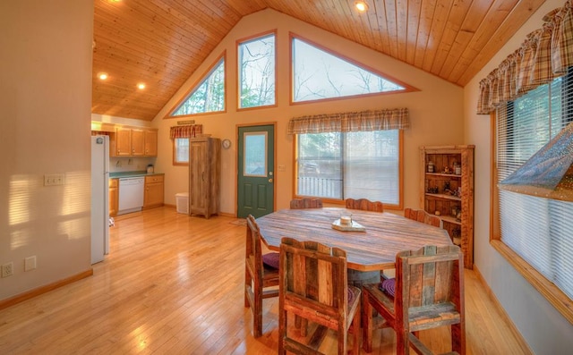 dining room featuring wood ceiling, high vaulted ceiling, and light wood-type flooring