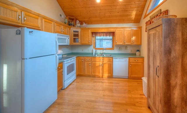 kitchen featuring vaulted ceiling, sink, wood ceiling, and white appliances