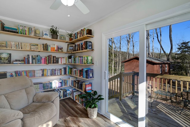 sitting room with ceiling fan, wood-type flooring, and crown molding