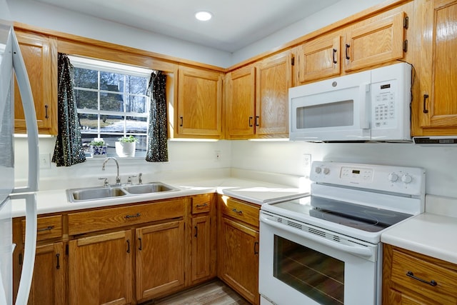 kitchen with sink, light hardwood / wood-style floors, and white appliances