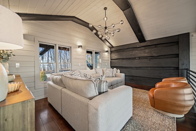 home theater room featuring wood walls, lofted ceiling with beams, a chandelier, wood ceiling, and dark wood-type flooring