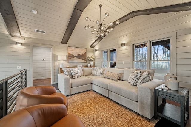 living room featuring vaulted ceiling with beams, wood ceiling, wooden walls, and a notable chandelier