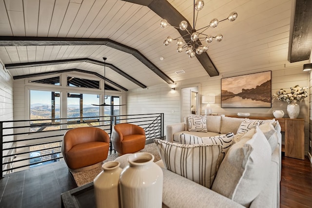 interior space with wood walls, vaulted ceiling with beams, dark hardwood / wood-style flooring, a notable chandelier, and a mountain view