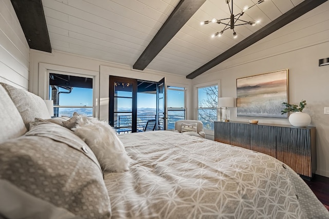 bedroom with vaulted ceiling with beams, a water view, wood-type flooring, access to outside, and a chandelier