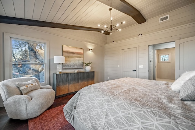 bedroom with wood walls, lofted ceiling with beams, wood ceiling, dark wood-type flooring, and an inviting chandelier