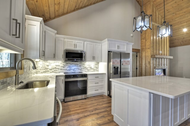 kitchen featuring backsplash, appliances with stainless steel finishes, wooden ceiling, and a sink