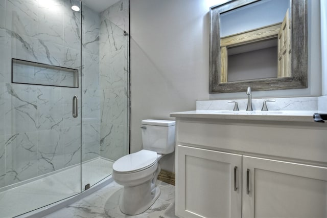 bathroom with a marble finish shower, toilet, marble finish floor, and vanity