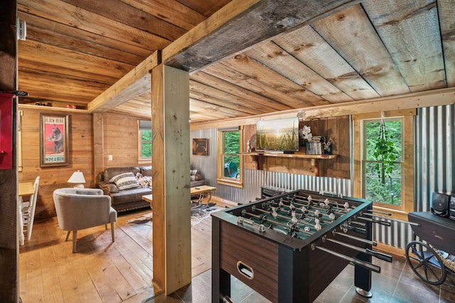 85 Clear Lake Ct, Ellijay, GA 30540 - rec room featuring wooden ceiling, wood walls, plenty of natural light, and wood-type flooring