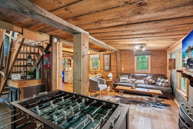 85 Clear Lake Ct, Ellijay, GA 30540 - playroom featuring hardwood / wood-style floors, wood ceiling, and wood walls