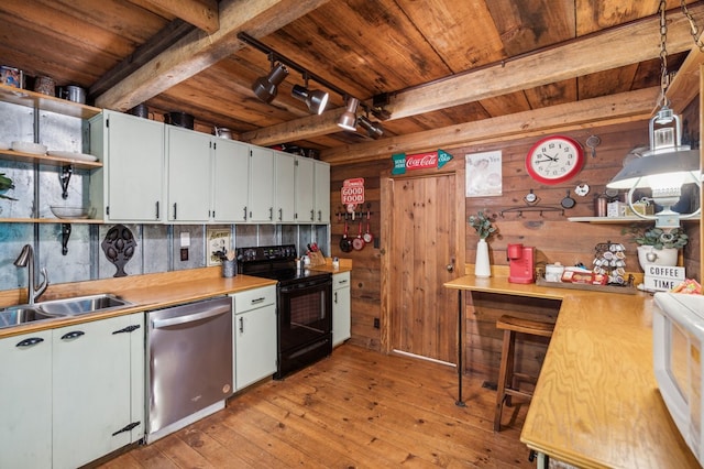85 Clear Lake Ct, Ellijay, GA 30540 - kitchen with dishwasher, open shelves, black / electric stove, wood ceiling with exposed beams, and a sink
