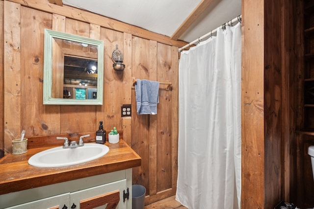85 Clear Lake Ct, Ellijay, GA 30540 - full bath featuring vanity, wood walls, and curtained shower