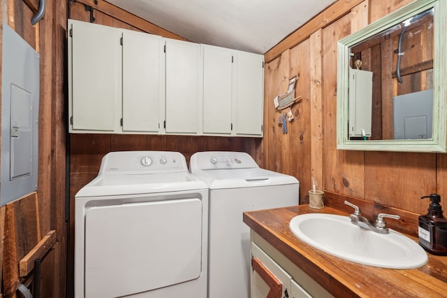 85 Clear Lake Ct, Ellijay, GA 30540 - laundry area featuring washing machine and clothes dryer, wooden walls, and electric panel