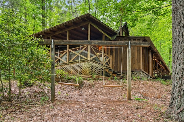 85 Clear Lake Ct, Ellijay, GA 30540 - view of outdoor structure with stairs and a wooded view