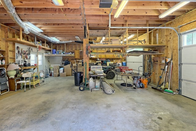 garage with a workshop area