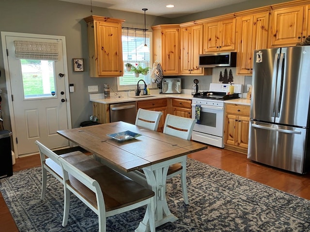 24 Pauls Ct, Blairsville, GA 30512 - kitchen featuring dark wood-type flooring, decorative light fixtures, recessed lighting, appliances with stainless steel finishes, and a sink