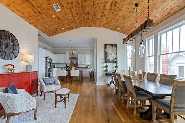 dining area featuring visible vents, wood ceiling, wood finished floors, vaulted ceiling, and crown molding