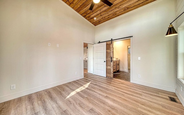 unfurnished bedroom featuring a barn door, light hardwood / wood-style flooring, high vaulted ceiling, ensuite bathroom, and wood ceiling