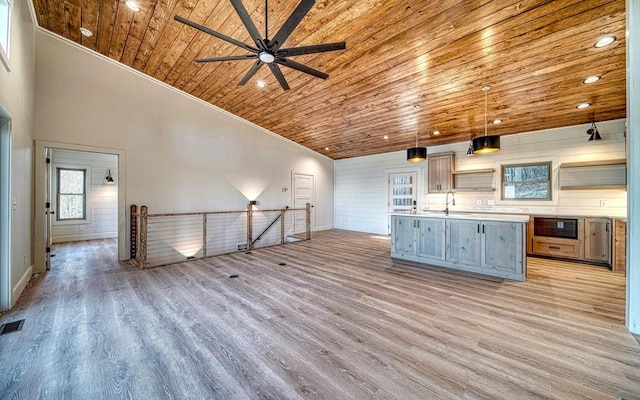 kitchen with light wood-type flooring, wood ceiling, hanging light fixtures, and high vaulted ceiling