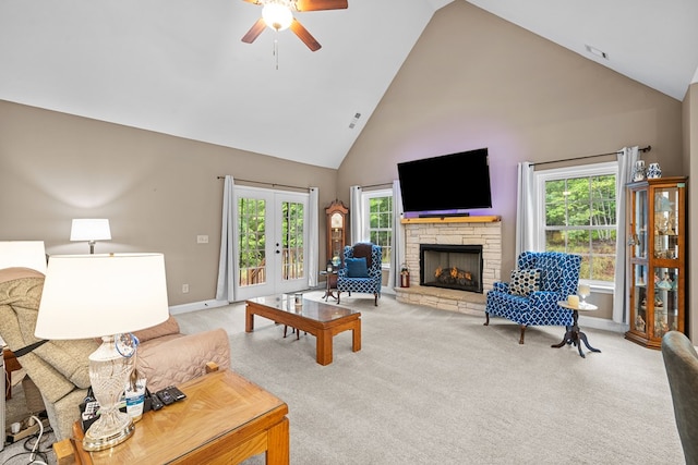 2092 Pleasant Grove Rd, Blairsville, GA 30512 - living area with high vaulted ceiling, a ceiling fan, plenty of natural light, a fireplace, and light carpet