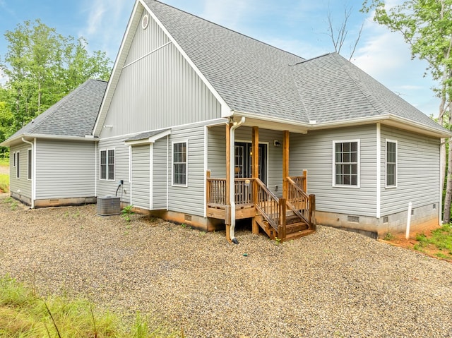 2092 Pleasant Grove Rd, Blairsville, GA 30512 - back of house with crawl space, roof with shingles, covered porch, and central air condition unit