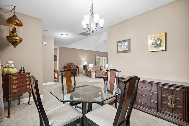 2092 Pleasant Grove Rd, Blairsville, GA 30512 - dining area with light carpet, a chandelier, baseboards, and vaulted ceiling