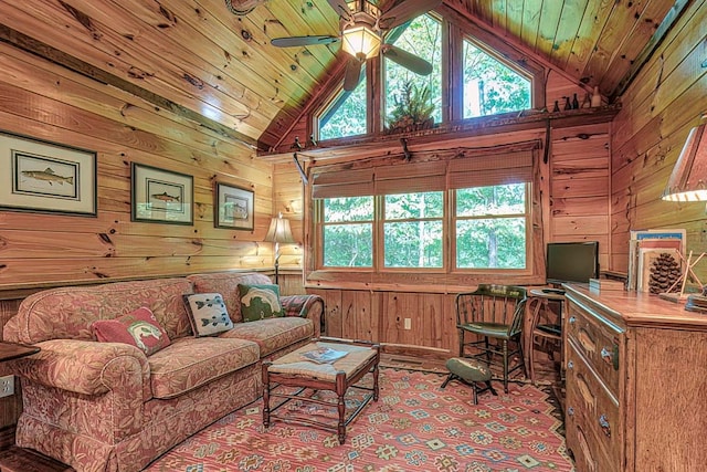 office featuring ceiling fan, wood ceiling, wood walls, and high vaulted ceiling