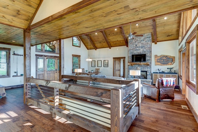 370 High Ridge Rd, Epworth, GA 30513 - dining area with wood ceiling with exposed beams, a fireplace, wood-type flooring, baseboards, and high vaulted ceiling