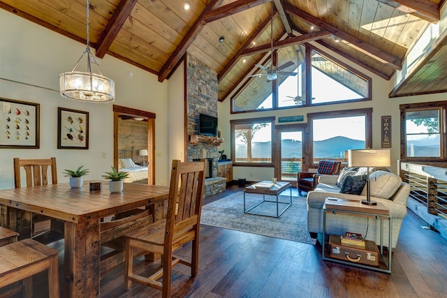 370 High Ridge Rd, Epworth, GA 30513 - dining space featuring a stone fireplace, wooden ceiling with exposed beams, high vaulted ceiling, hardwood / wood-style flooring, and ceiling fan