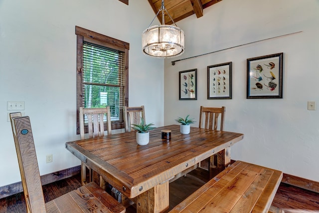 370 High Ridge Rd, Epworth, GA 30513 - dining room with wood finished floors, a chandelier, beamed ceiling, baseboards, and high vaulted ceiling