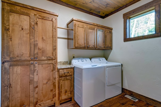 370 High Ridge Rd, Epworth, GA 30513 - laundry area featuring cabinet space, separate washer and dryer, dark wood finished floors, wooden ceiling, and baseboards