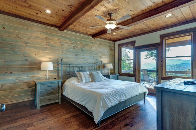 370 High Ridge Rd, Epworth, GA 30513 - bedroom featuring wooden ceiling with exposed beams, access to outside, wood walls, dark wood-style flooring, and recessed lighting