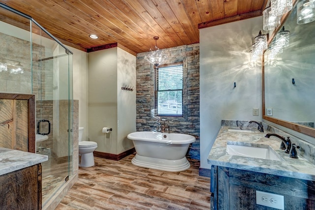 370 High Ridge Rd, Epworth, GA 30513 - bathroom featuring wood ceiling, double vanity, a freestanding bath, a shower stall, and wood finished floors