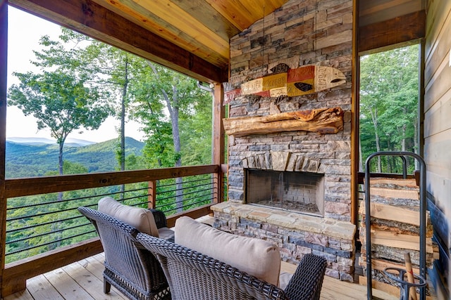 370 High Ridge Rd, Epworth, GA 30513 - wooden terrace with an outdoor stone fireplace and a mountain view
