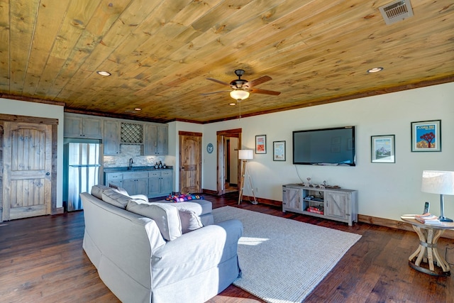 370 High Ridge Rd, Epworth, GA 30513 - living room featuring a ceiling fan, baseboards, wood ceiling, dark wood finished floors, and recessed lighting