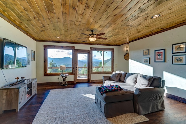 370 High Ridge Rd, Epworth, GA 30513 - living room with wooden ceiling, a ceiling fan, dark wood-style floors, and baseboards
