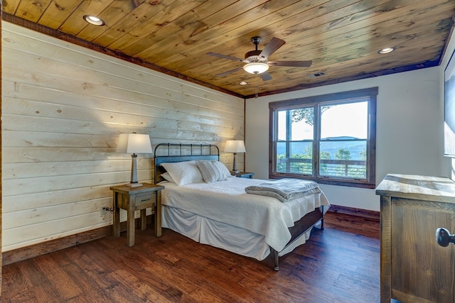 370 High Ridge Rd, Epworth, GA 30513 - bedroom with wooden ceiling, dark wood-type flooring, baseboards, recessed lighting, and wood walls