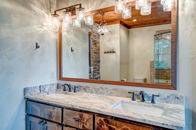 370 High Ridge Rd, Epworth, GA 30513 - bathroom with toilet, double vanity, a shower stall, and wood ceiling