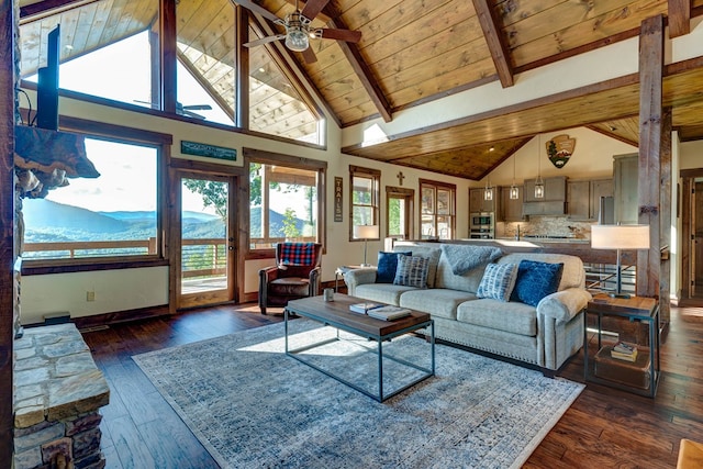 370 High Ridge Rd, Epworth, GA 30513 - living room featuring wood ceiling with exposed beams, dark wood finished floors, plenty of natural light, high vaulted ceiling, and ceiling fan