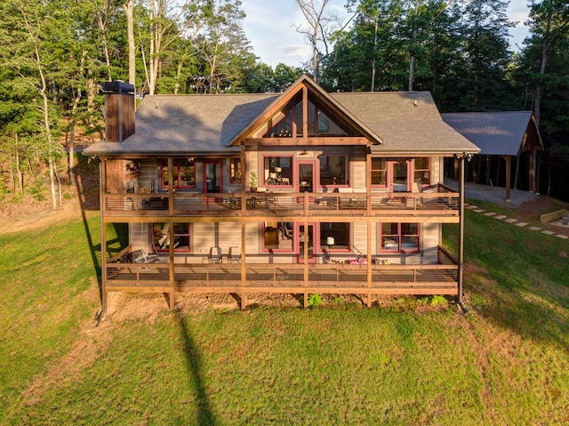 370 High Ridge Rd, Epworth, GA 30513 - rear view of house with a balcony, a yard, a chimney, and a deck