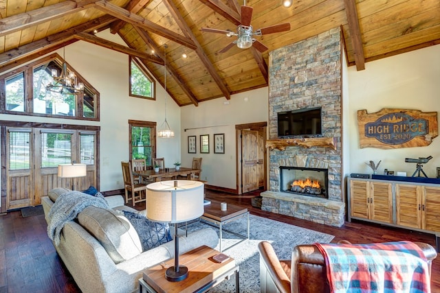 370 High Ridge Rd, Epworth, GA 30513 - living area with wood ceiling with exposed beams, a fireplace, high vaulted ceiling, a ceiling fan, and wood-type flooring