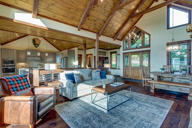 370 High Ridge Rd, Epworth, GA 30513 - living room featuring high vaulted ceiling, wood ceiling with exposed beams, a chandelier, and dark wood-type flooring