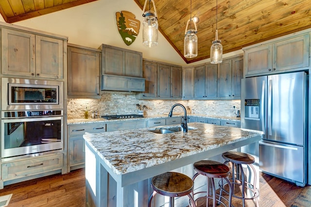 370 High Ridge Rd, Epworth, GA 30513 - kitchen featuring stainless steel appliances, wood ceiling, a sink, dark wood-style flooring, and hanging light fixtures
