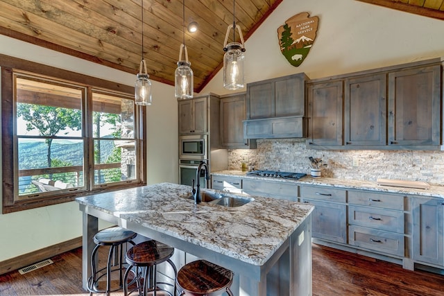 370 High Ridge Rd, Epworth, GA 30513 - kitchen with lofted ceiling, wood ceiling, a sink, appliances with stainless steel finishes, and tasteful backsplash