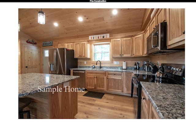 kitchen with sink, light hardwood / wood-style flooring, wooden ceiling, appliances with stainless steel finishes, and light stone countertops