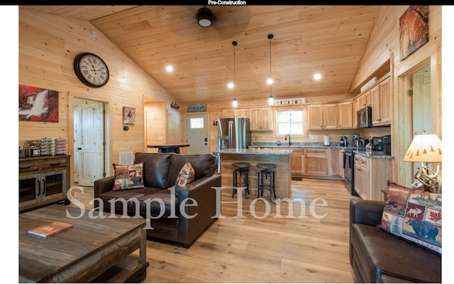 living room featuring sink, wood walls, wood ceiling, high vaulted ceiling, and light wood-type flooring